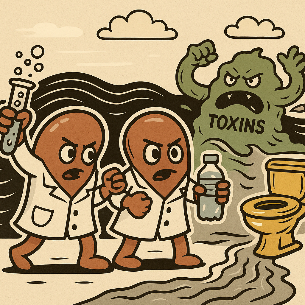 Cartoon-style illustration of two heroic kidneys in lab coats holding test tubes and water bottles, defending the body from a monster made of toxins, while a tsunami of urine flows toward a golden toilet in the distance.
