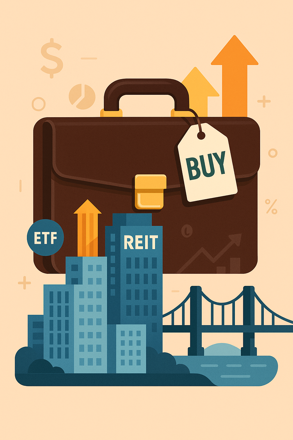 Briefcase atop a skyline of REITs and infrastructure with a “BUY” ticket—signaling insider conviction, real-asset focus, and earnings leverage.