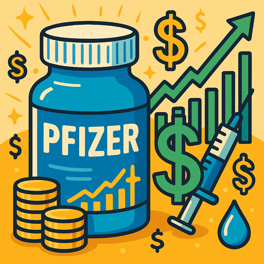 A cartoon-style illustration of Pfizer’s logo on a bottle of medicine with dollar signs, a growth chart, and a syringe symbolizing innovation and growth in the pharmaceutical industry.