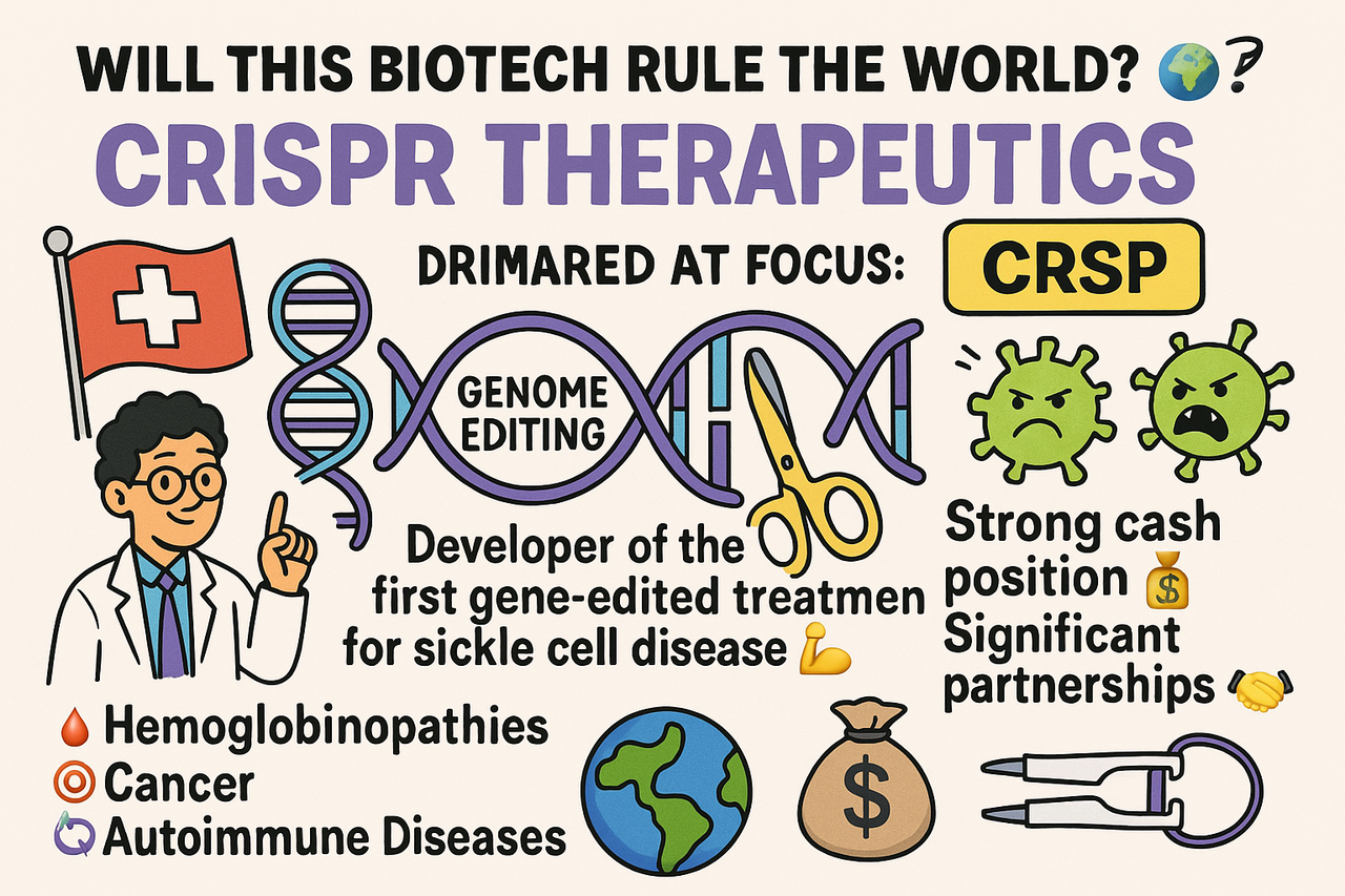 CRISPR Therapeutics gene editing technology illustration with DNA strands and a CRISPR/Cas9 cutting mechanism, symbolizing innovation in biotechnology.