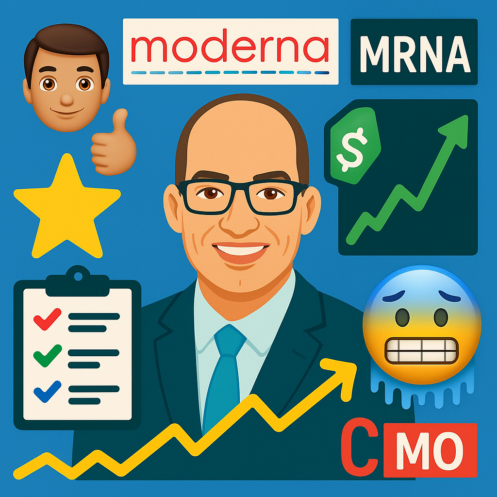 A colorful digital illustration featuring Moderna's logo (MRNA) with a rising stock chart, symbolizing the biotech company's potential growth and innovation in gene-based therapies.