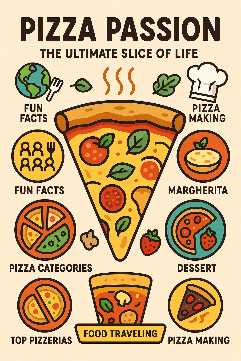 A digital illustration of a pizza slice with colorful toppings, including various icons like a globe and a chef's hat for pizza making and food traveling. The image evokes the fun and passionate journey through the world of pizza!