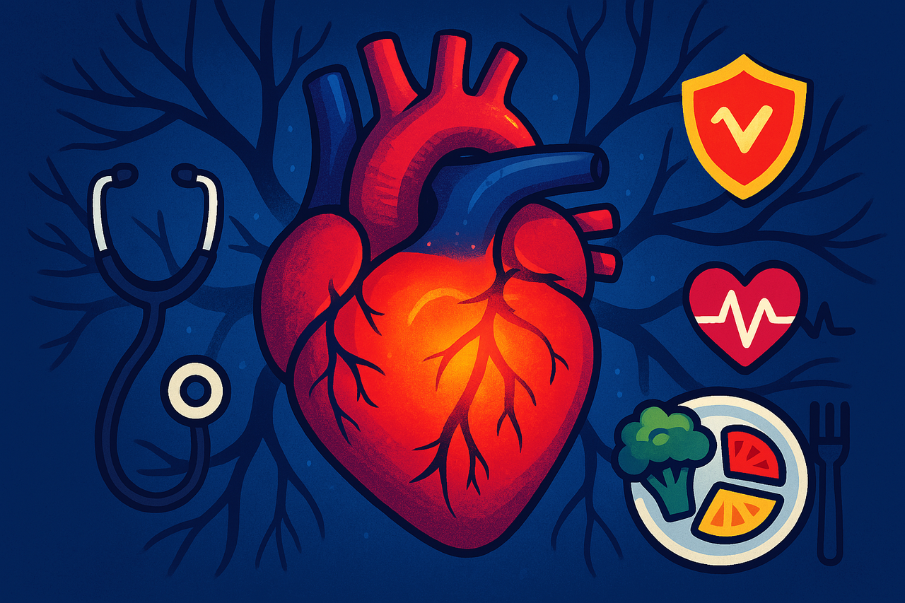 Illustration of a healthy heart and arteries with symbols representing heart health and prevention.