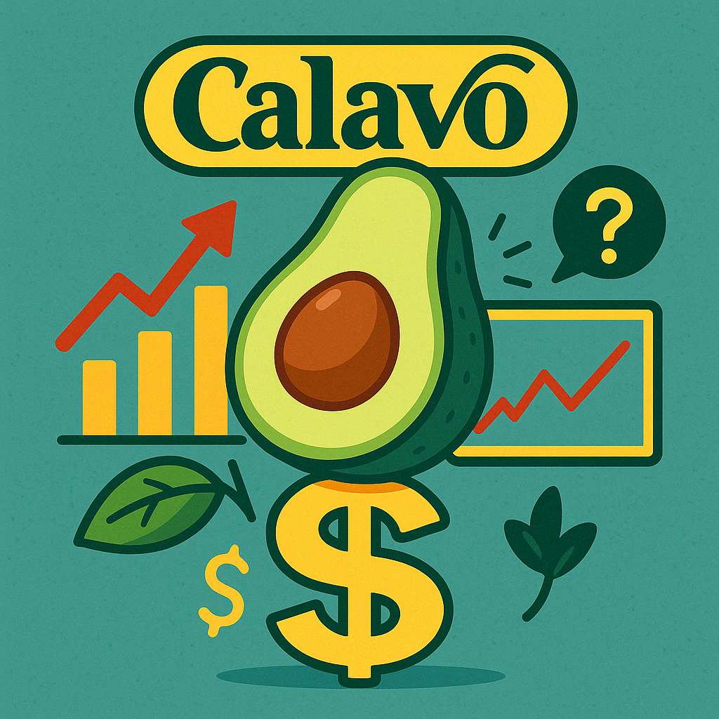 Fun digital illustration of Calavo Growers logo with an avocado on top of a dollar sign, symbolizing the potential of avocado-based stocks.