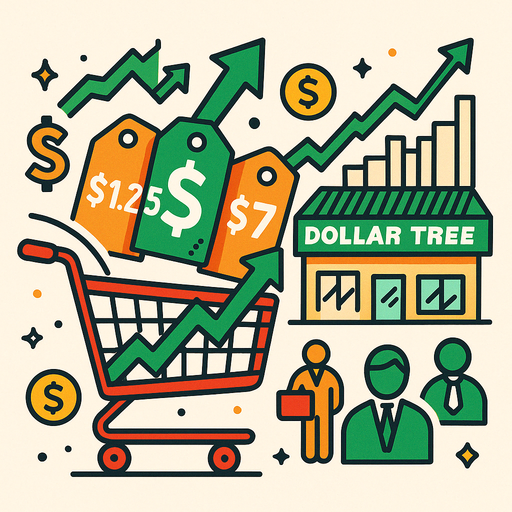 Colorful illustration of a Dollar Tree shopping cart with rising stock chart and dollar-themed icons, symbolizing investment interest in DLTR.
