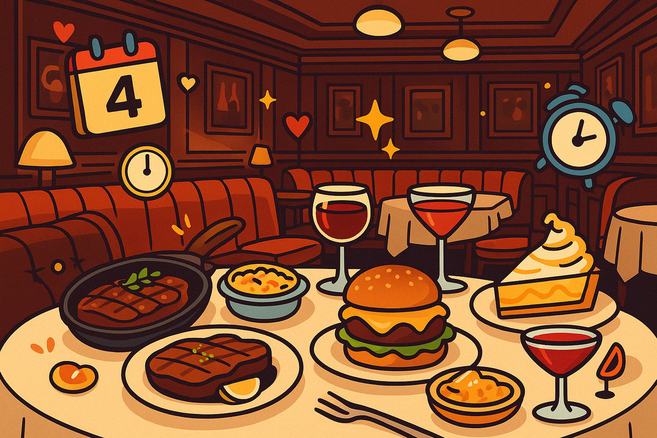 A vibrant depiction showcasing a cozy steakhouse interior, with plush seating, sizzling steak platters, a gleaming burger, and whimsical icons like clocks and calendar dates representing the elusive reservation chase at 4 Charles Prime Rib.