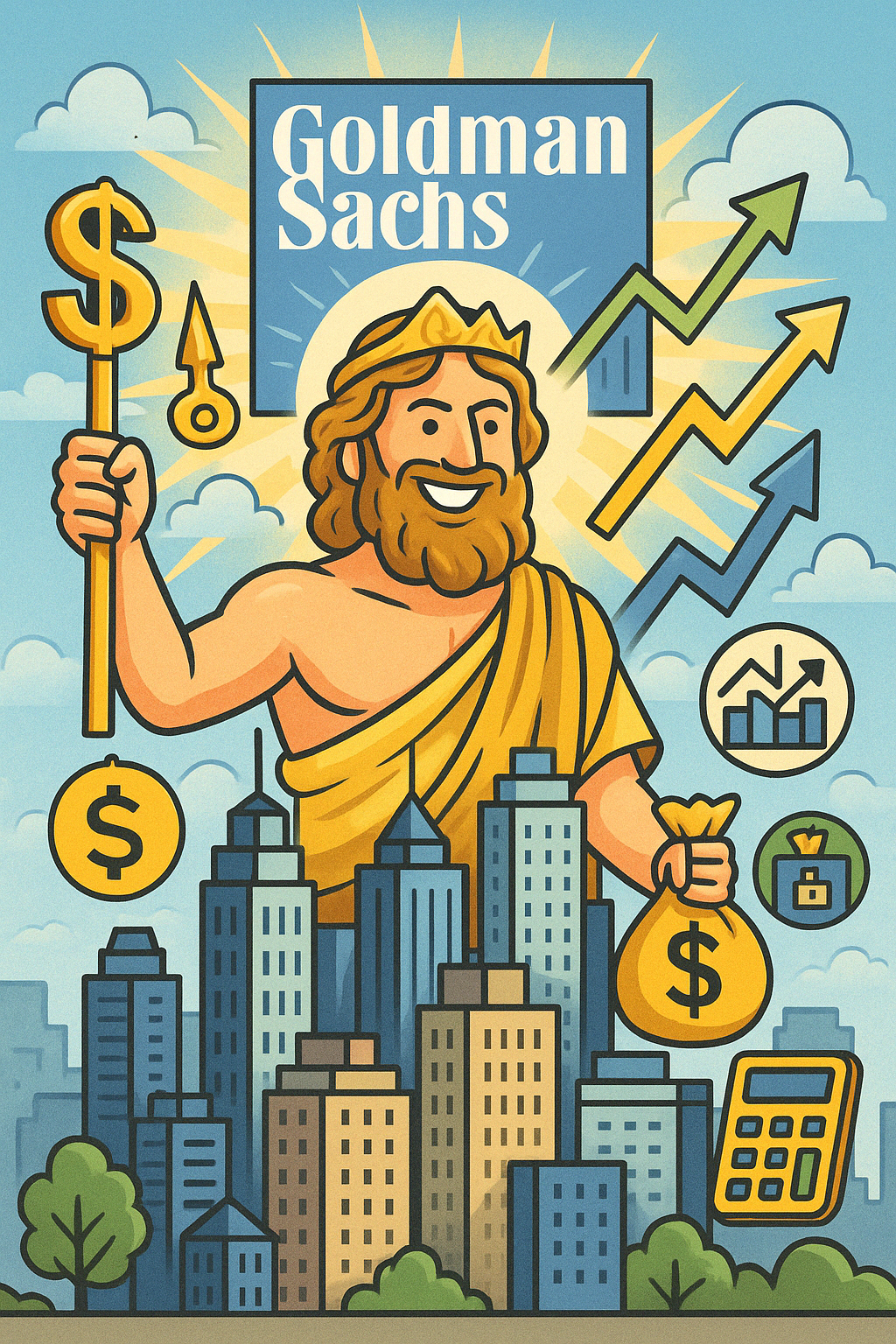 A humorous digital illustration of Goldman Sachs as a mighty financial deity, featuring skyscrapers, dollar signs, stock charts, and icons representing banking, trading, and asset management, symbolizing its Wall Street dominance and investor appeal.