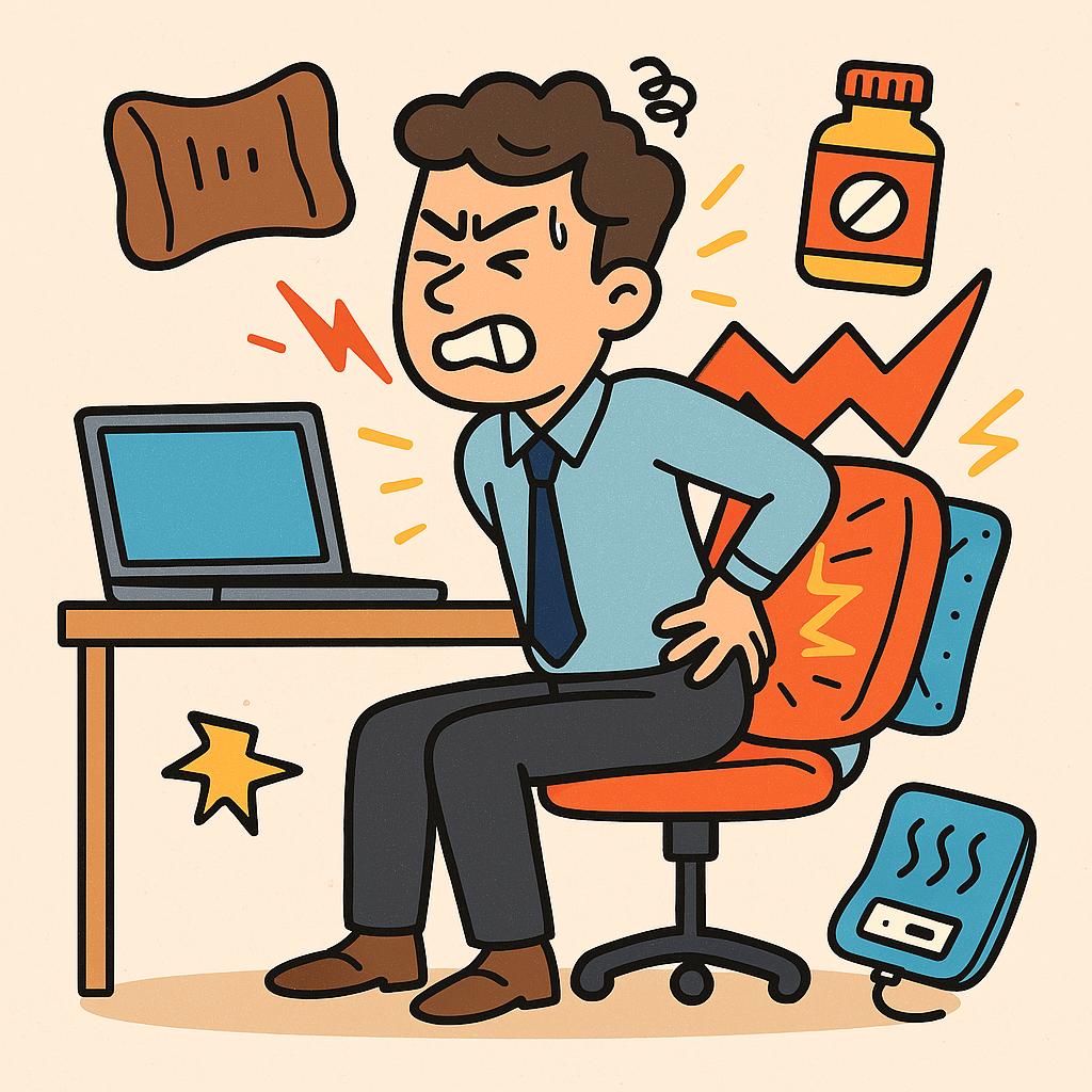 A cartoon of a person struggling with back pain while sitting at a desk, surrounded by funny icons like heating pads and medicine bottles, representing the common fight against back issues.
