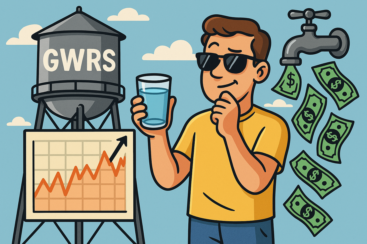 A cartoon depicting a person holding a glass of water while standing next to a water tower with the GWRS logo, surrounded by fluctuating stock prices and dollar bills, representing the uncertain but steady nature of Global Water Resources' stock.