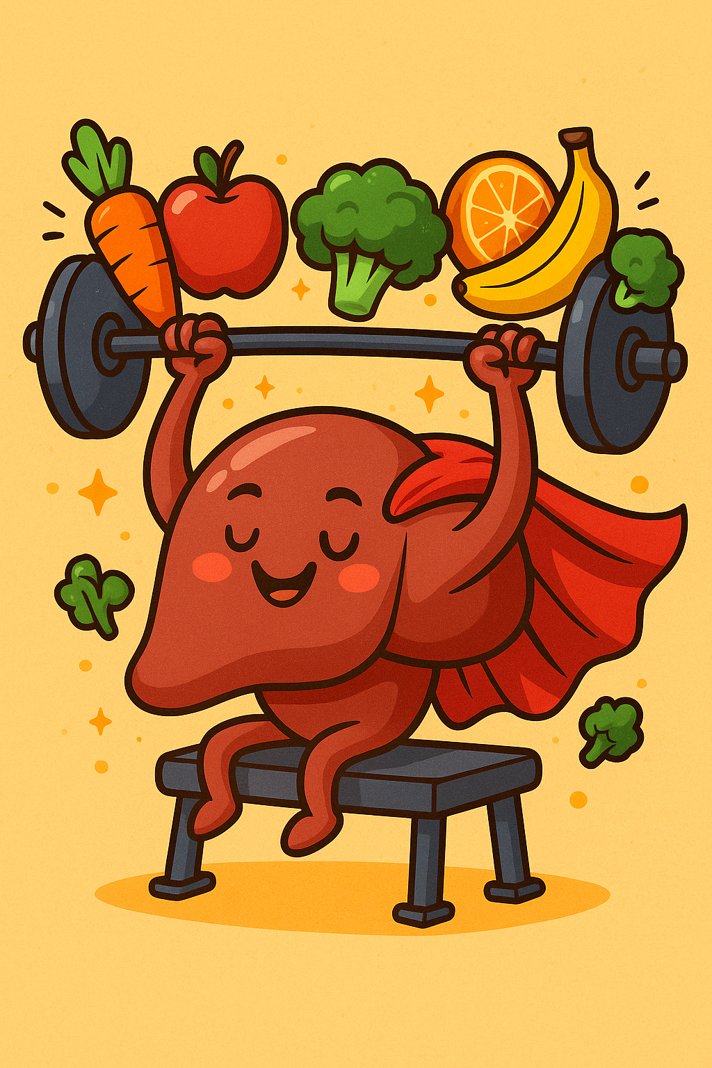 Superhero liver lifting fruits and vegetables, representing the importance of liver health and wellness.