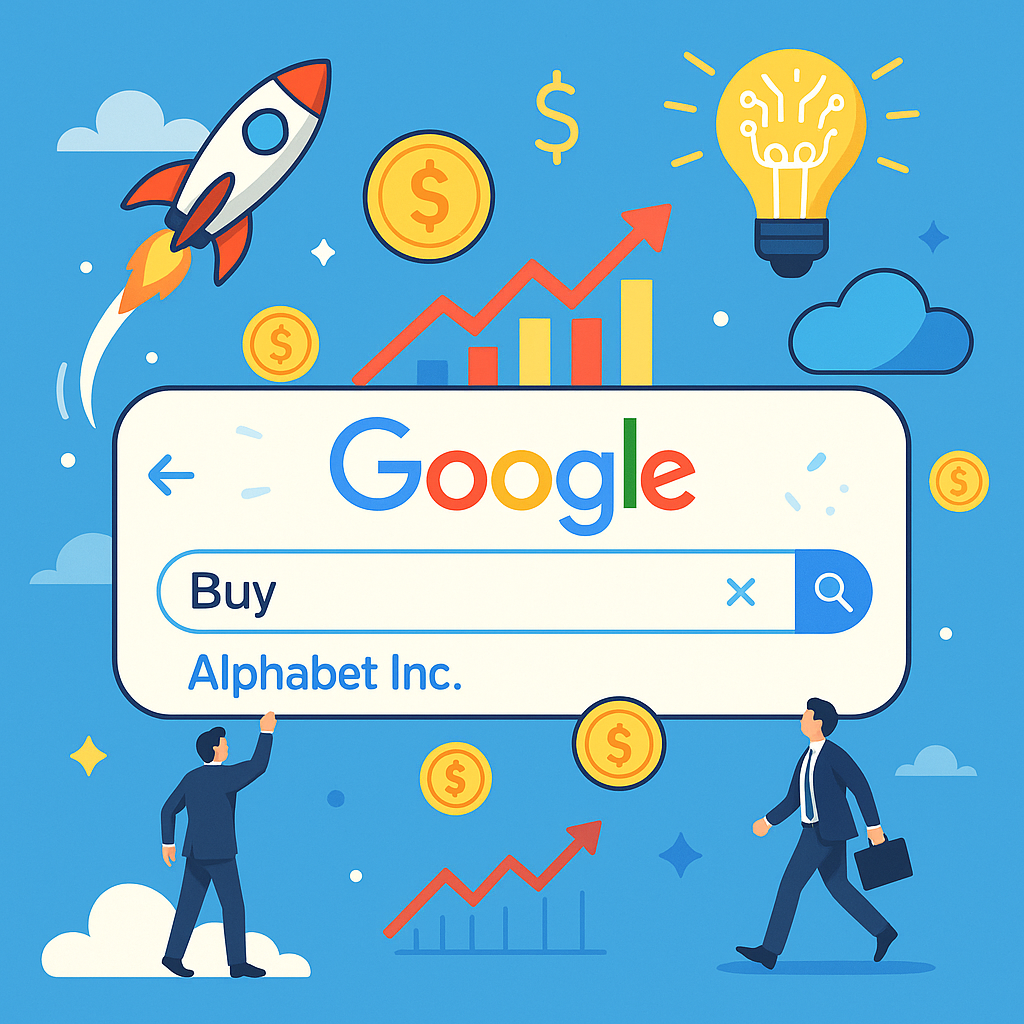 A playful digital illustration showing a floating Google search bar surrounded by rockets, dollar signs, stock charts, and AI icons, symbolizing Alphabet’s growth, innovation, and stock market potential.