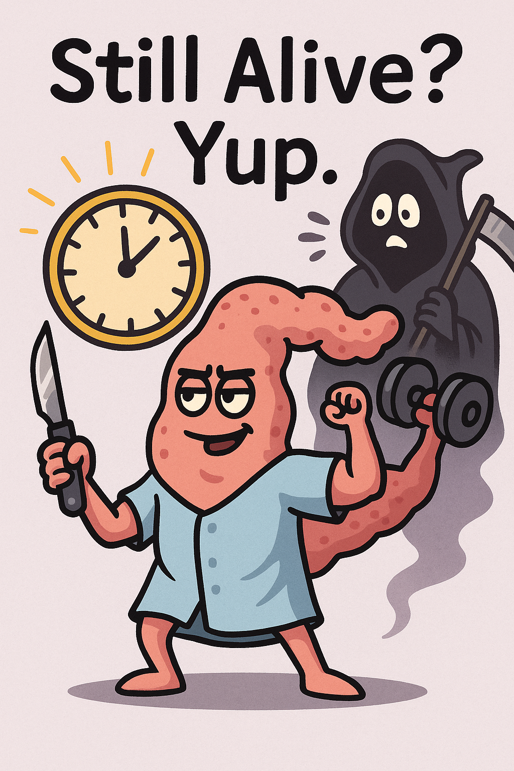 Cartoon-style pancreas wearing a hospital gown, holding a scalpel and dumbbell, flexing defiantly as a confused grim reaper watches in the background. A giant ticking clock looms above, symbolizing urgency in pancreatic cancer diagnosis.