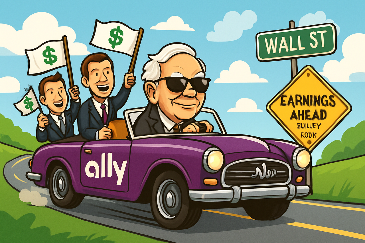 Cartoon-style convertible car with Ally Financial logo speeding down a road labeled