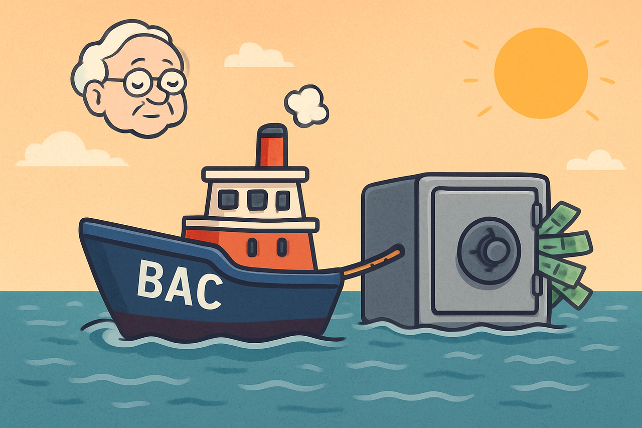 Cartoon-style tugboat labeled BAC towing a cash-filled safe across a calm ocean, symbolizing Bank of America's steady but unexciting stock performance.