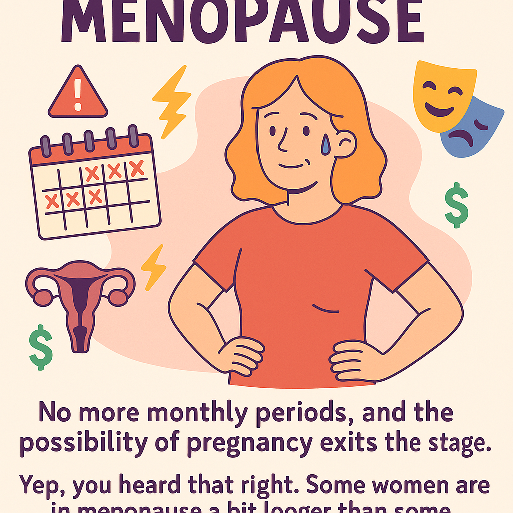A colorful cartoon of a woman in the midst of menopause, surrounded by thought bubbles depicting a broken period calendar and hot flashes, symbolizing the ups and downs of menopause with a humorous twist.