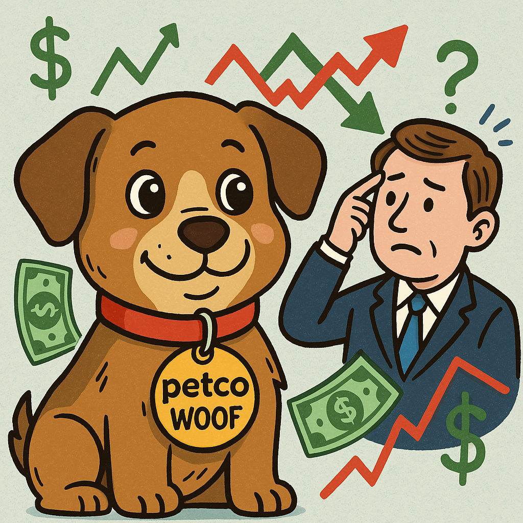 A colorful cartoon featuring the Petco (WOOF) logo on a cute puppy’s collar, surrounded by fluctuating stock prices, dollar bills, and a concerned CEO pondering if the pet care market is the next big thing or just a leash on their growth.