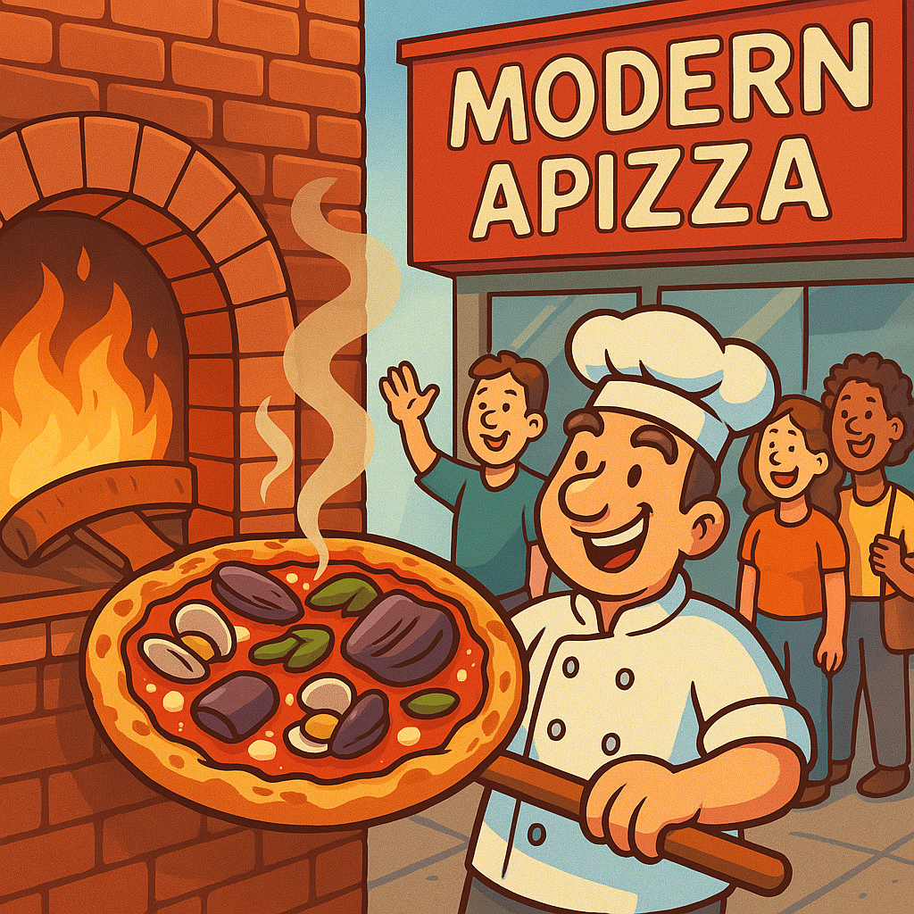 Cartoon-style illustration of a fresh pizza from Modern Apizza in New Haven with clams, eggplant, and mozzarella, pulled from the brick oven. Happy customers eagerly await their slice in the background.