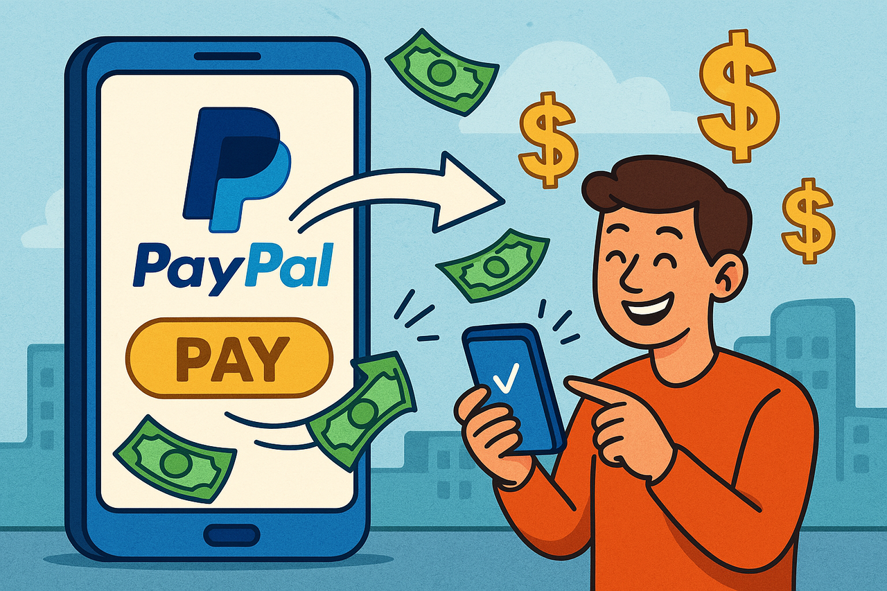 A vibrant, cartoon-style digital illustration of a PayPal transaction in action, with a happy user making a seamless payment. Dollar signs float in the background, symbolizing PayPal's thriving payment network and growth potential.