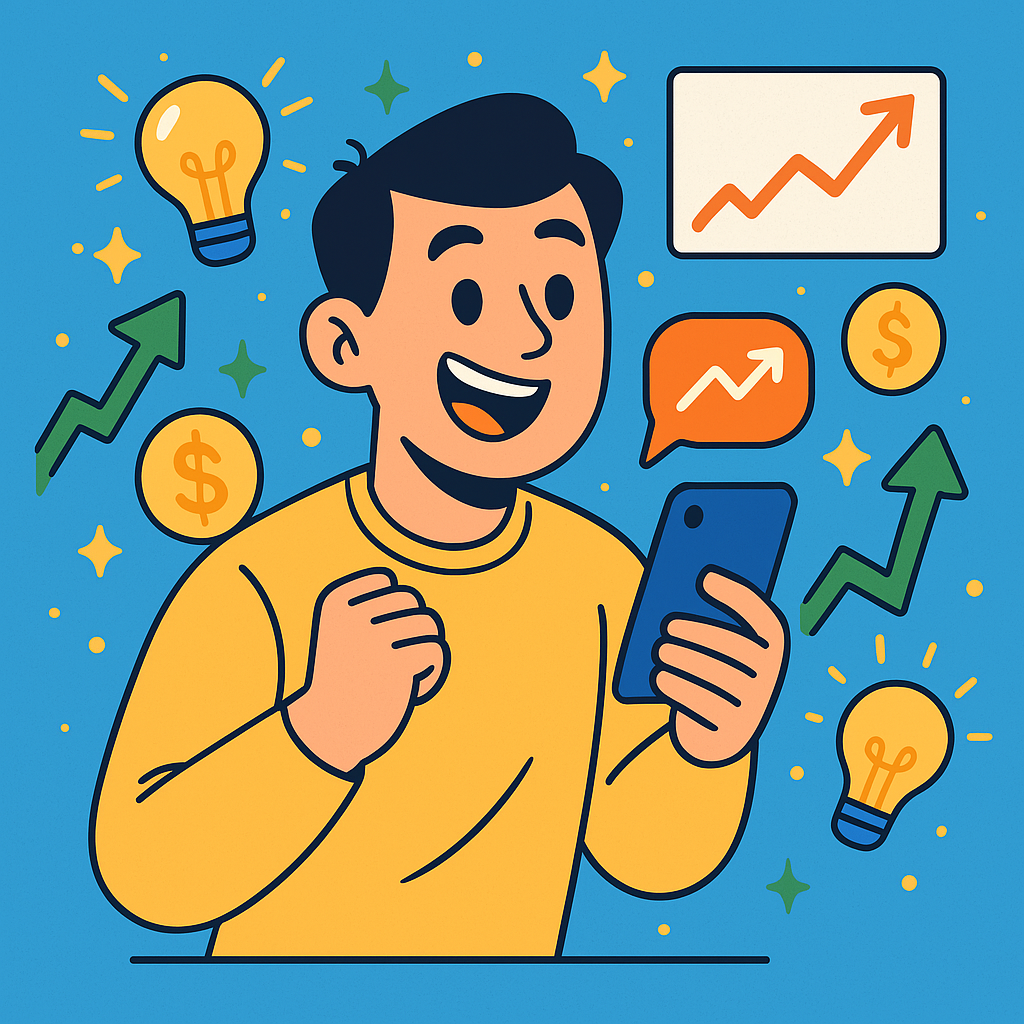 Cartoon-style illustration of a happy investor checking their stock portfolio, with positive stock charts, dollar signs, and lightbulbs floating around. The scene represents the excitement and potential of investing in stocks.