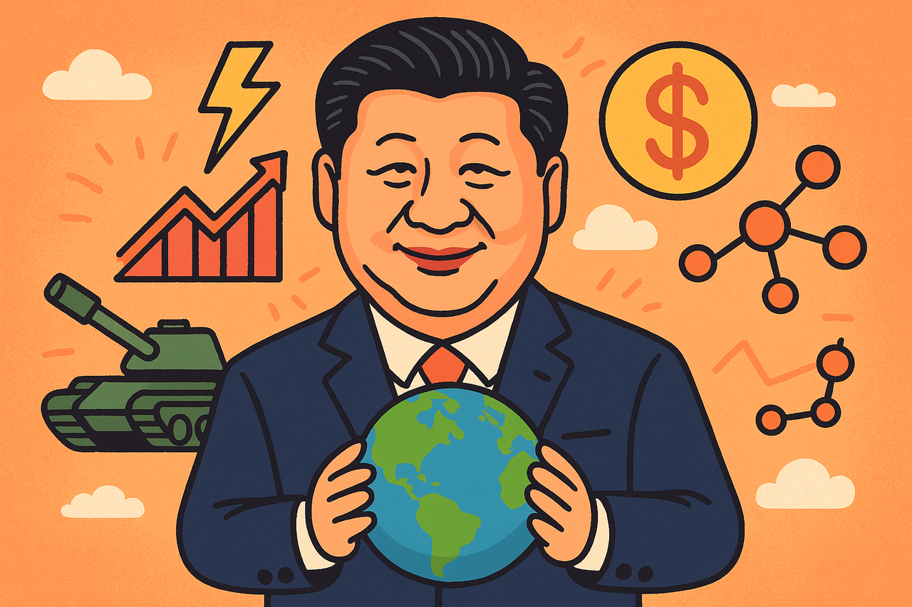 Cartoon-style illustration of Xi Jinping holding a globe, surrounded by power symbols like military tanks, economic charts, and global connections, representing his strong grip on both China and the world stage.