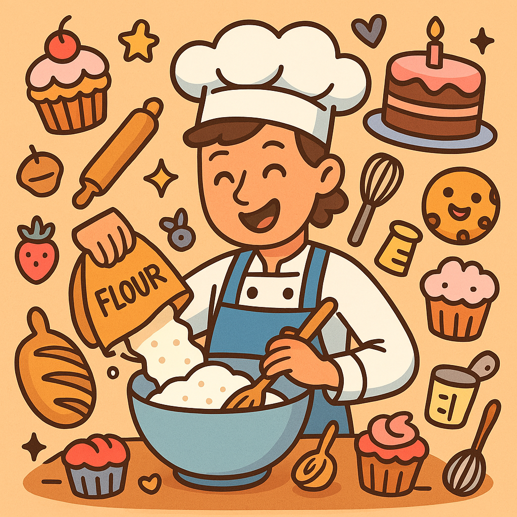 Cartoon-style illustration of a joyful baker mixing flour and sugar, surrounded by baked goods like cupcakes and cakes, with icons like rolling pins, smiling and representing the fun and creativity of baking as a passion.