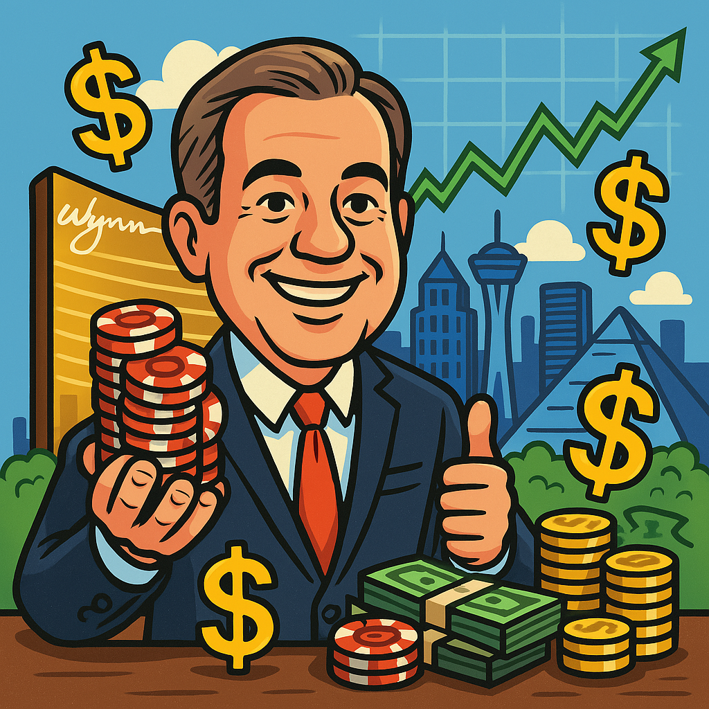 Cartoon-style illustration of Wynn Resorts' CEO Tilman Fertitta in front of a casino with stacks of chips, dollar signs, and a Las Vegas skyline. The background includes a stock chart with an upward trend.