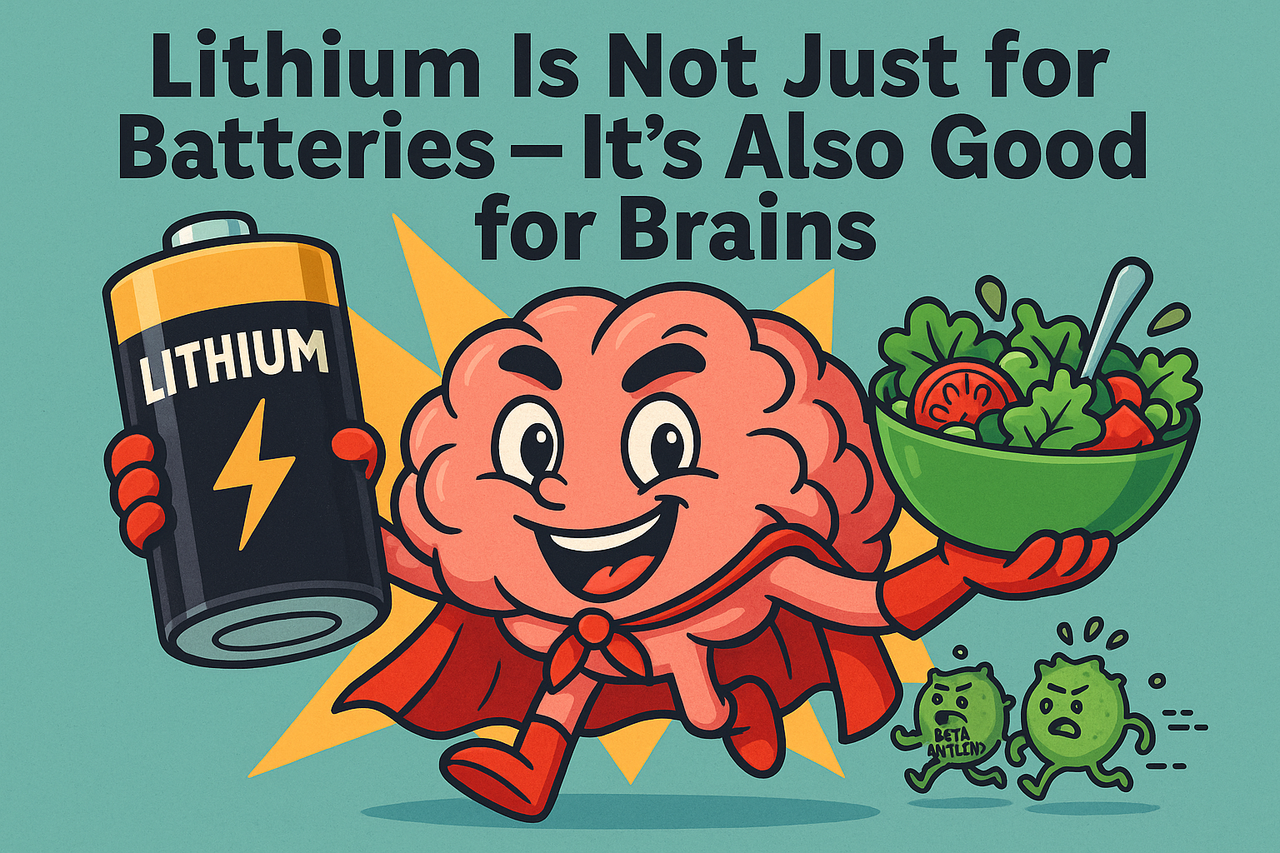 Cartoon brain superhero holding a lithium battery and salad, symbolizing lithium’s dual role in powering devices and protecting brain health from Alzheimer’s.