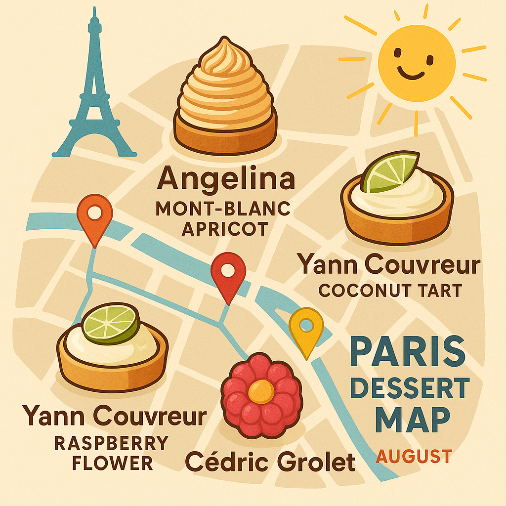 Illustrated Paris dessert map showing Angelina’s Mont-Blanc, Yann Couvreur’s lemon + coconut tart, and Cédric Grolet’s raspberry flower, with the Eiffel Tower and August sunshine.