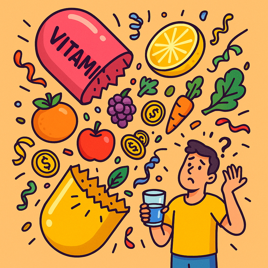 A giant cartoon vitamin capsule bursts open like a piñata, releasing fruits, vegetables, gold coins, and confetti, symbolizing the promises and hype of supplements.