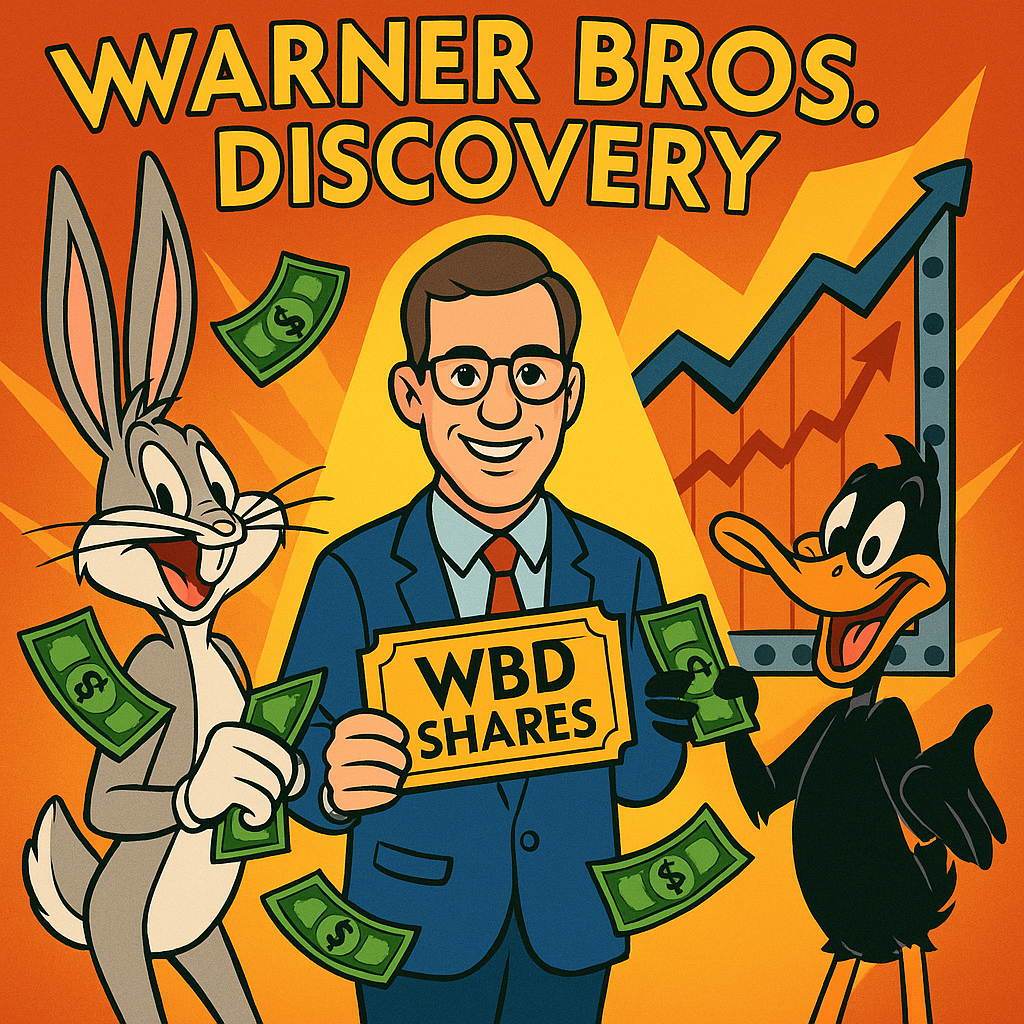 Cartoon-style illustration of Warner Bros Discovery (WBD) with Bugs Bunny, Anton Levy holding WBD shares, and a rising stock chart shaped like a film reel.