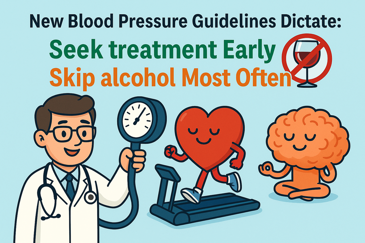 A doctor holds a blood pressure cuff, while a wine glass with a red “X” hovers nearby. A happy heart character jogs on a treadmill while a brain character meditates — symbolizing heart and brain health from the new blood pressure guidelines.