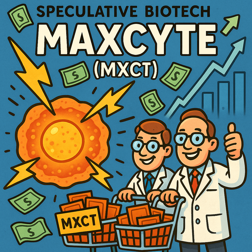 Digital illustration of biotech company MaxCyte (MXCT): glowing cell zapped by electricity ⚡ with executives buying shares 🛒💉, symbolizing insider buys vs. cash burn.