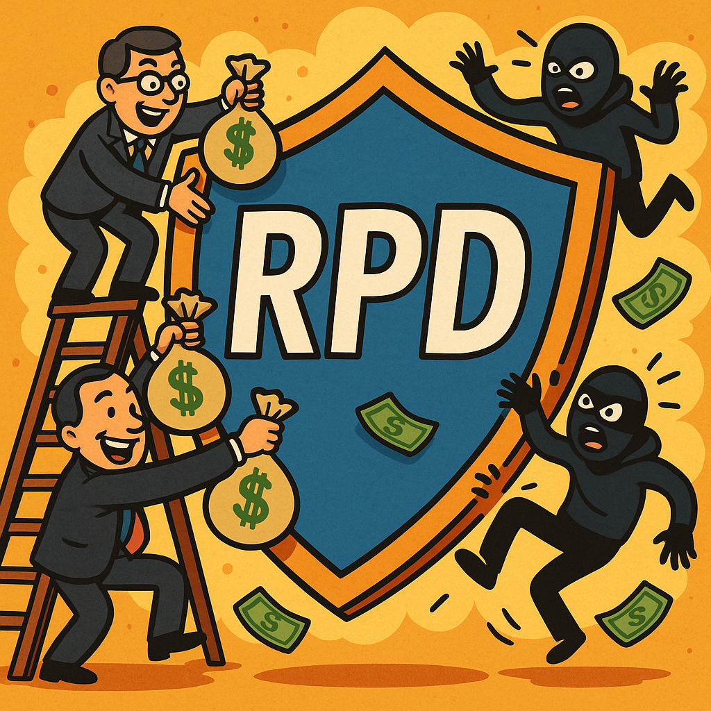 Cartoon of Rapid7 as a cyber-shield blocking hackers while hedge funds throw money at it.