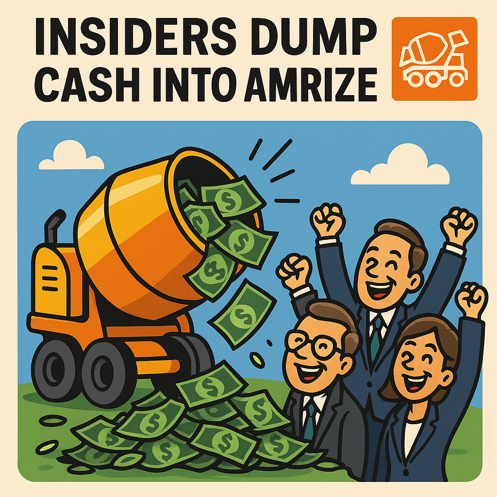 Cartoon cement mixer pouring out dollar bills with executives cheering, symbolizing insider buying at Amrize.