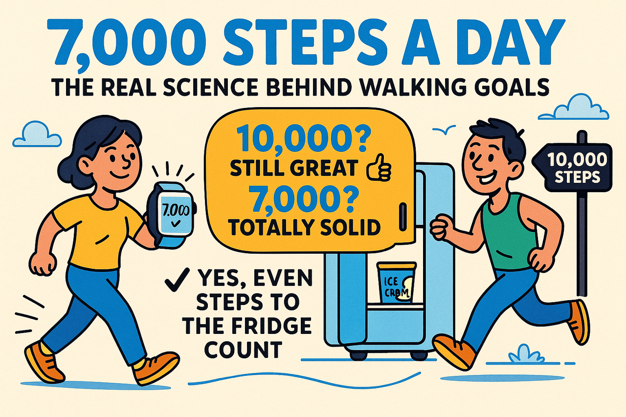 Cartoon-style illustration of a person counting steps with a smartwatch, walking toward 10,000 steps while stopping at the fridge along the way.