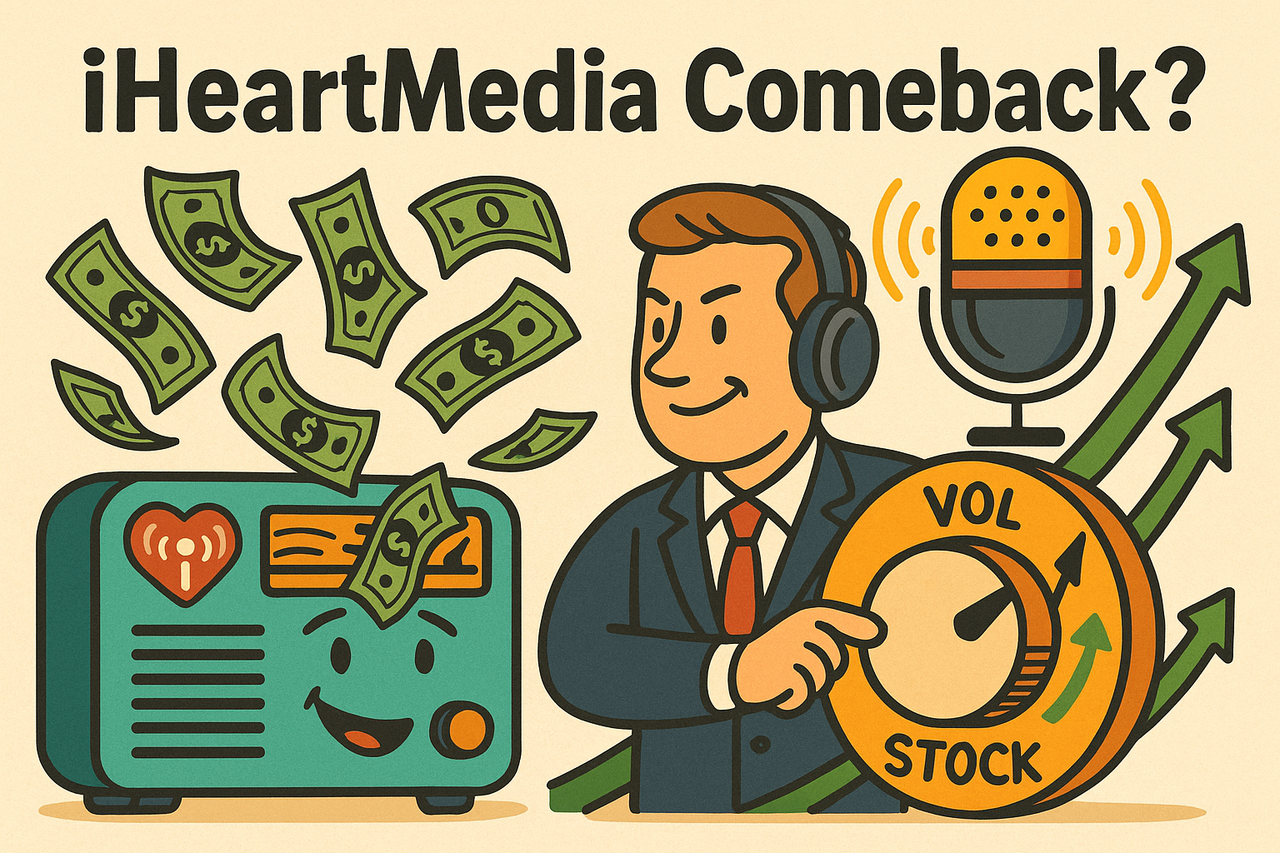Cartoon illustration of iHeartMedia CEO turning a radio knob labeled ‘Stock Price’ with dollar bills flying out, symbolizing insider stock buys and a potential comeback for IHRT.