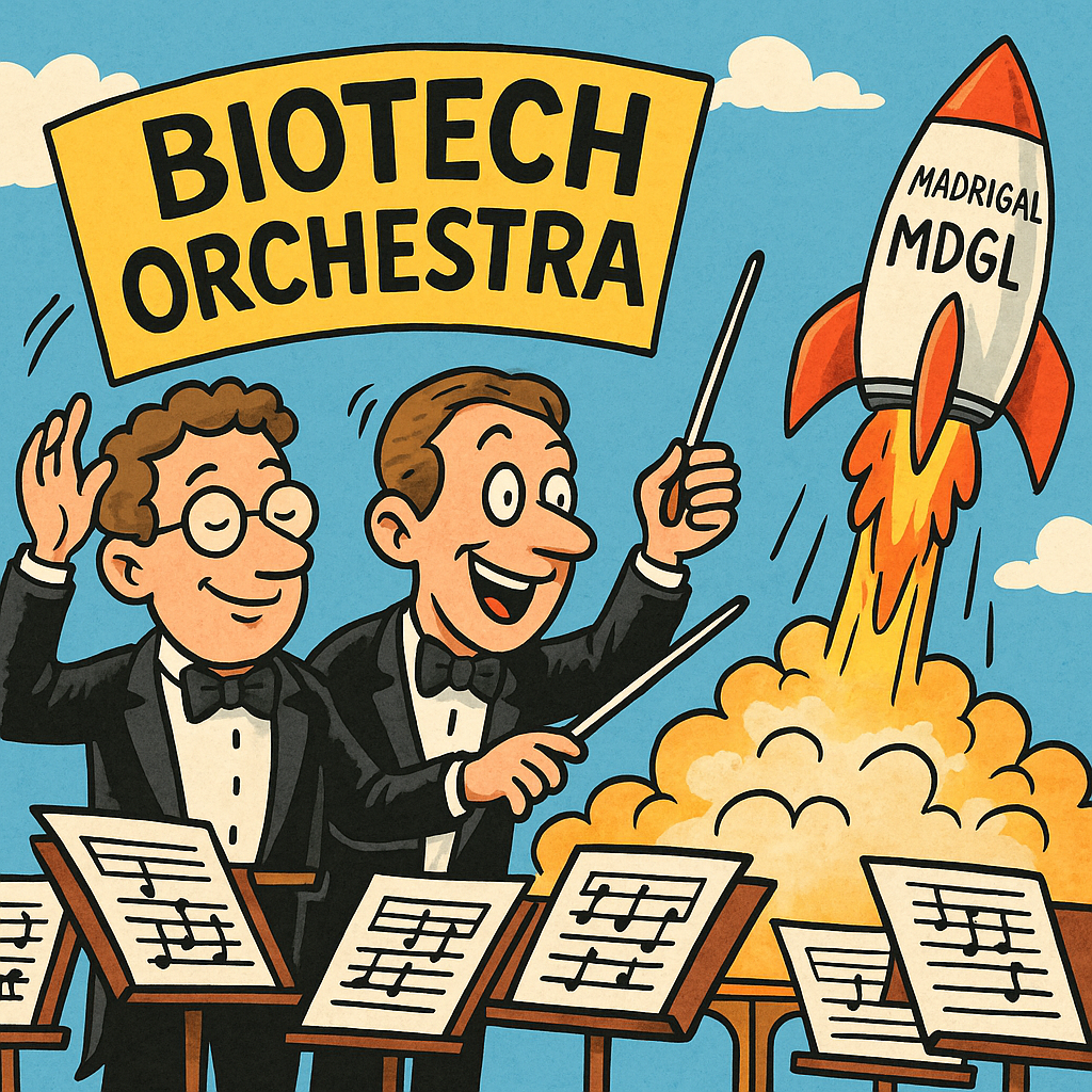 Cartoon of hedge fund managers conducting a biotech orchestra, with Madrigal Pharmaceuticals (MDGL) rocket blasting off.