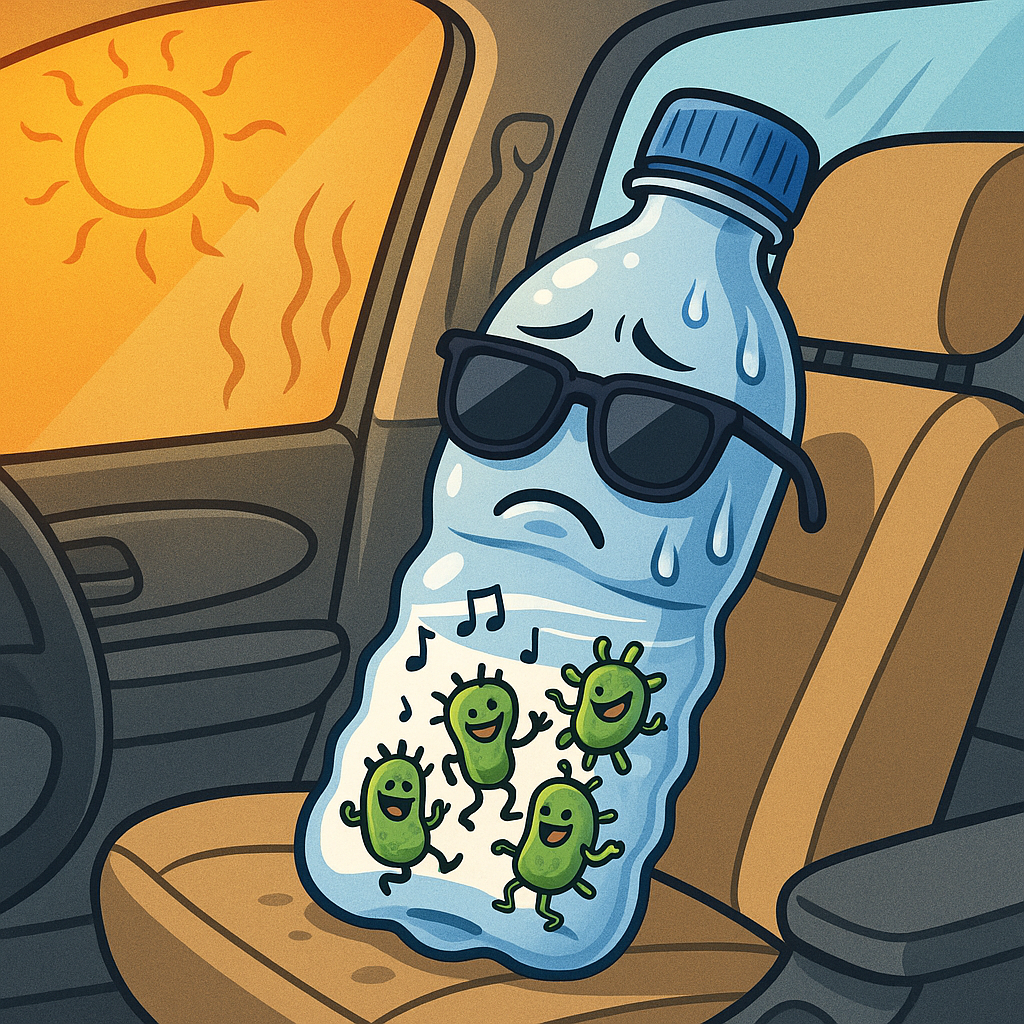 Cartoon of a plastic water bottle sweating in a hot car, with tiny bacteria dancing inside like it’s a party.