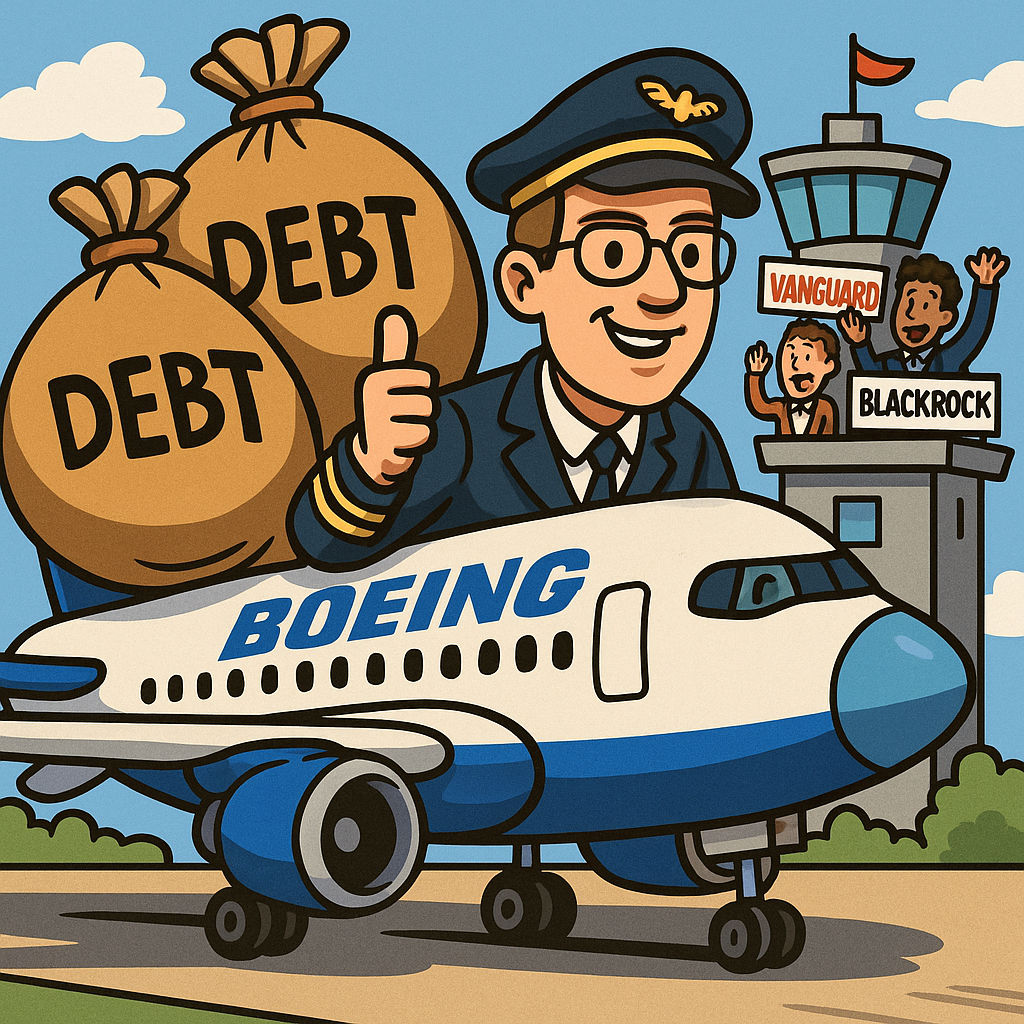Cartoon of Boeing jet preparing for takeoff while carrying heavy debt bags, with Tim Buckley as pilot and major institutions cheering.
