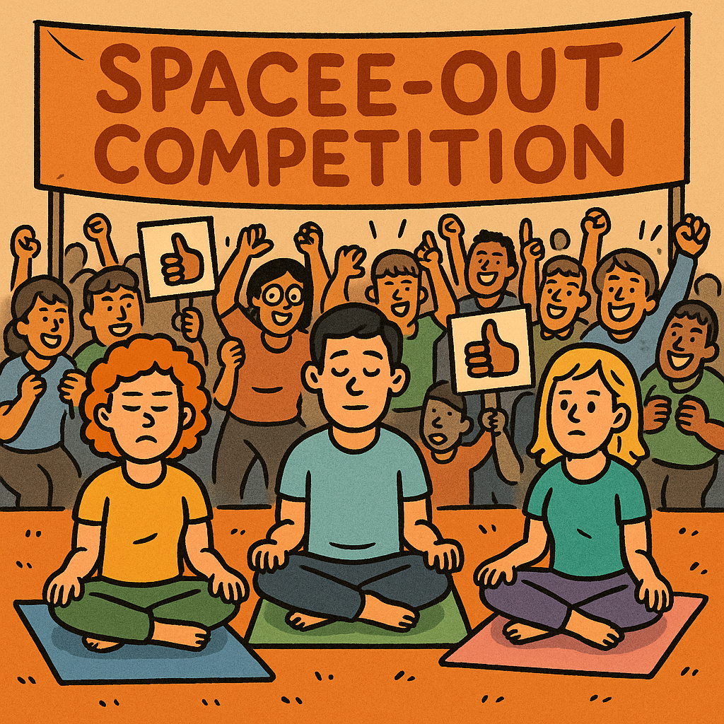 Cartoon of contestants competing in the Space-Out Competition, sitting motionless on mats while a cheering crowd votes on who’s best at doing nothing.