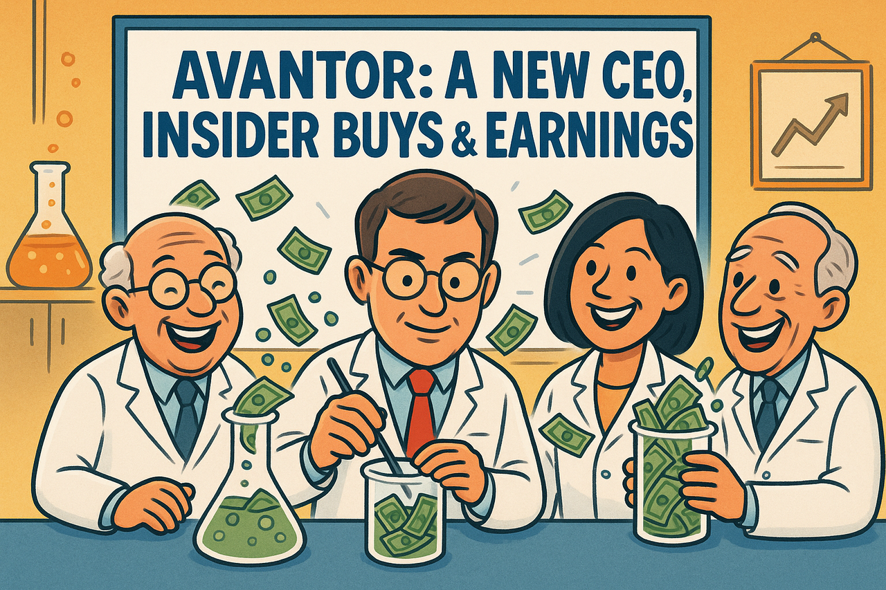 Cartoon of Avantor directors in lab coats pouring cash into beakers, with a new CEO stirring the mix like a scientist plotting value creation.