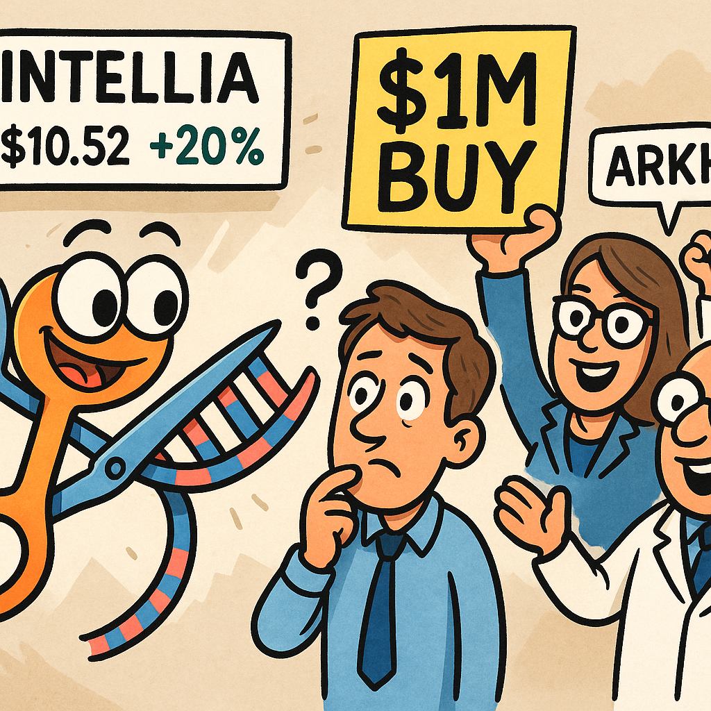 Cartoon of a CRISPR enzyme snipping DNA while hedge fund managers (ARKK & Baker Bros) cheer, and an insider waves a giant $1M buy ticket.
