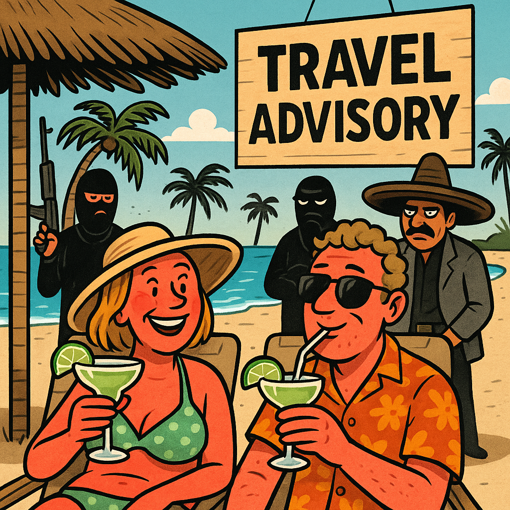Cartoon of sunburned tourists sipping margaritas on a Mexican beach while masked bandits and shady characters lurk in the background with a big “Travel Advisory” sign