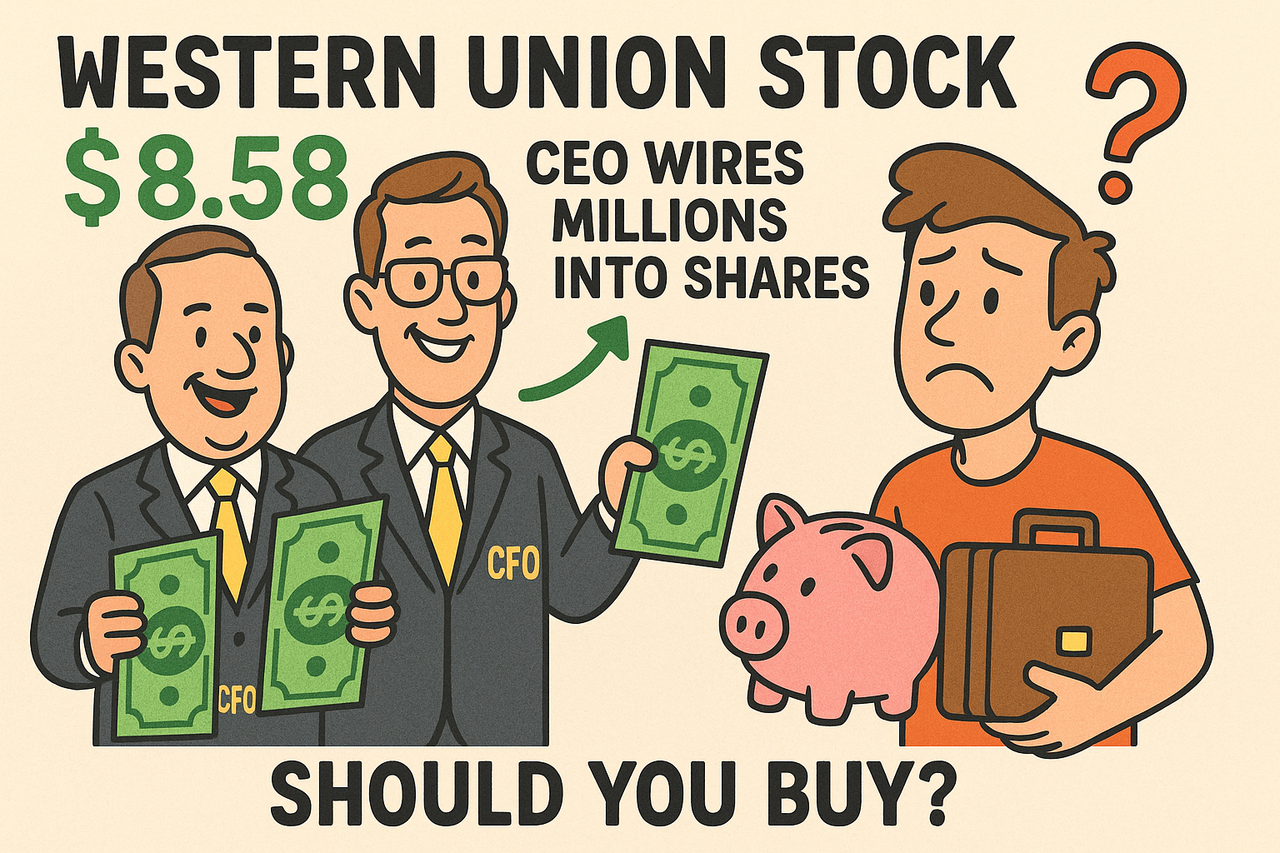 Cartoon of Western Union executives holding giant dollar bills while a confused investor weighs a piggy bank versus a suitcase full of cash.