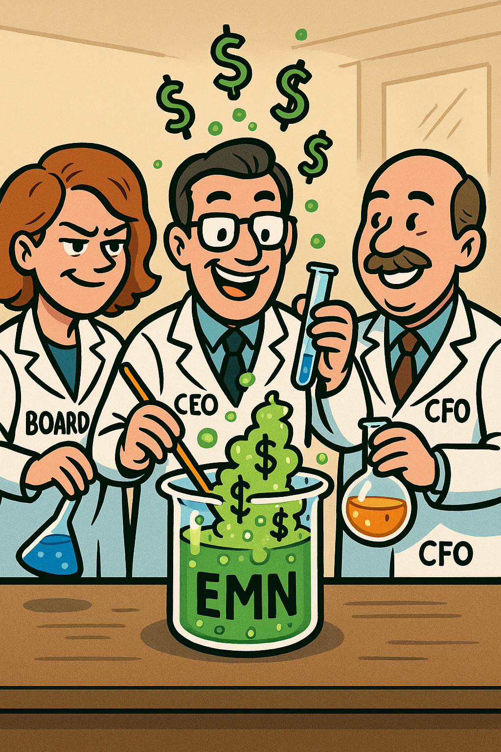 Cartoon of Eastman Chemical executives mixing potions in a lab beaker labeled “EMN,” symbolizing insider buying, with dollar signs bubbling up.