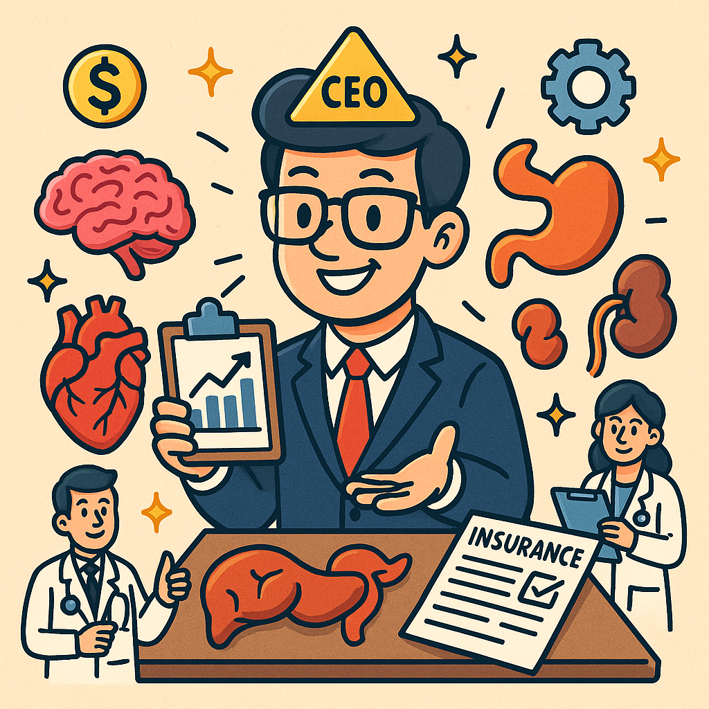 Cartoon of a patient as CEO managing their health like a business portfolio, with organs, doctors, and insurance papers around.