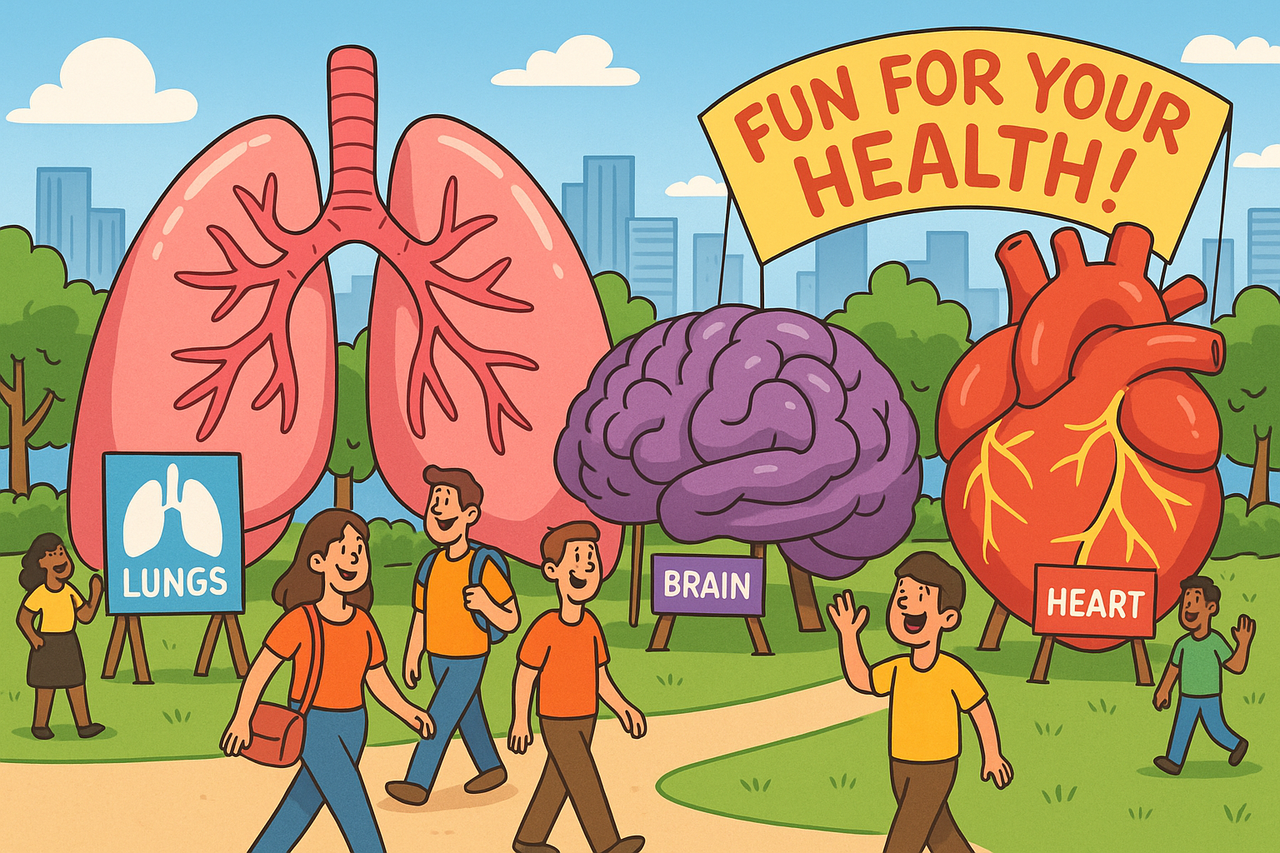 A colorful cartoon-style illustration showing giant inflatable lungs, brains, and hearts on display in a city park with happy visitors and health-awareness banners, promoting fun and education through creative public outreach.