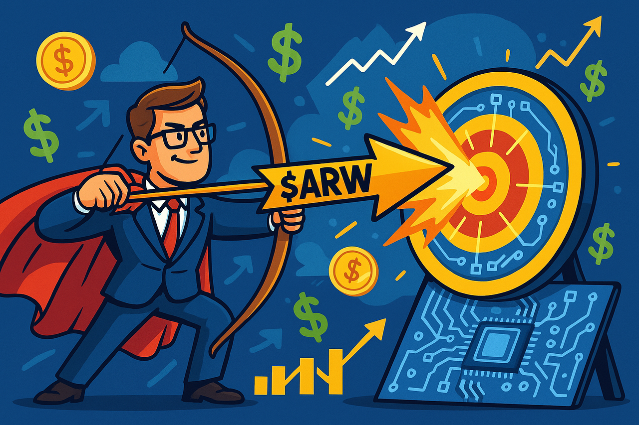 A superhero-style CEO fires a giant arrow labeled $ARW toward a circuit-board bullseye, representing confidence in Arrow Electronics stock. Dollar signs, charts, and tech icons fly around in cartoon-style action.
