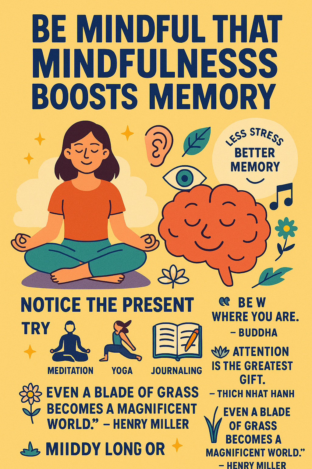 Cartoon brain meditating on a yoga mat, surrounded by calming and memory-related icons, symbolizing the mental benefits of mindfulness practice.