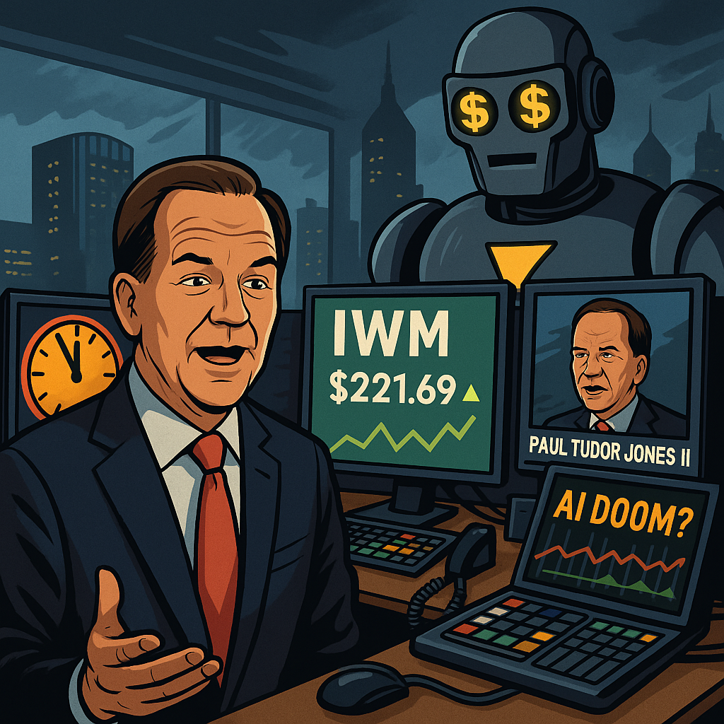 Paul Tudor Jones II surrounded by trading screens, betting on small caps while an ominous AI robot looms behind him—symbolizing both market bets and existential risk.